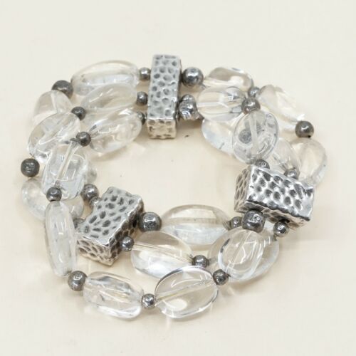 6.5”, Vtg Sterling 925 Silver Handmade Bead Bracelet W/ Crystal N Elastic Band