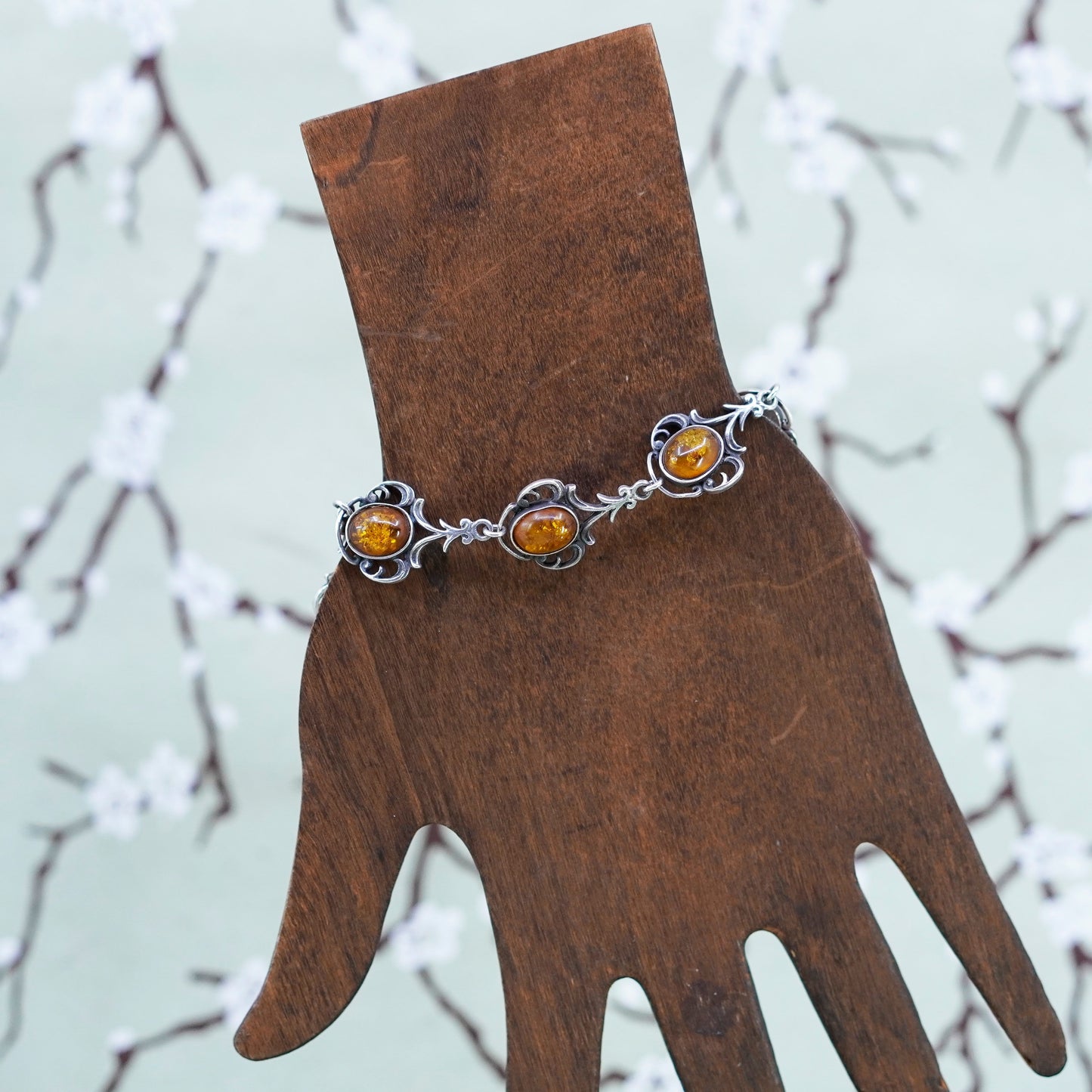 7.5”, Vintage sterling 925 silver handmade tennis bracelet with amber