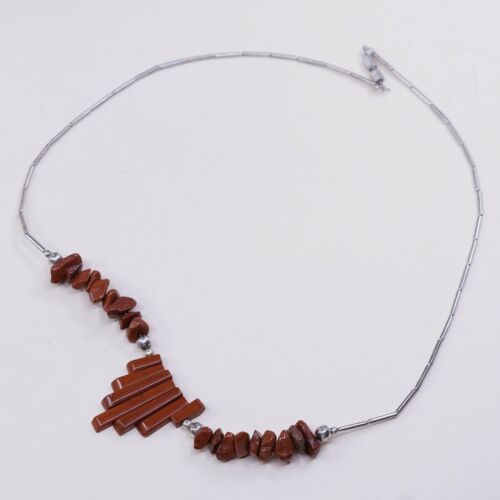 20”, Native American Sterling silver Bar Link necklace W/ Coral Long Bar Pendant
