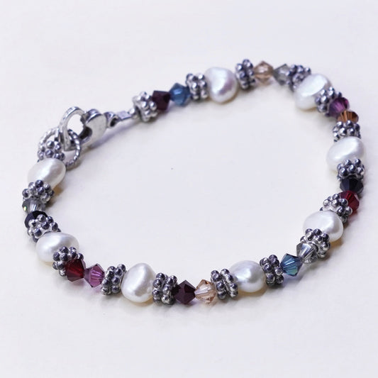 6.5”, sterling silver handmade bracelet, 925 beads white pearl and crystal