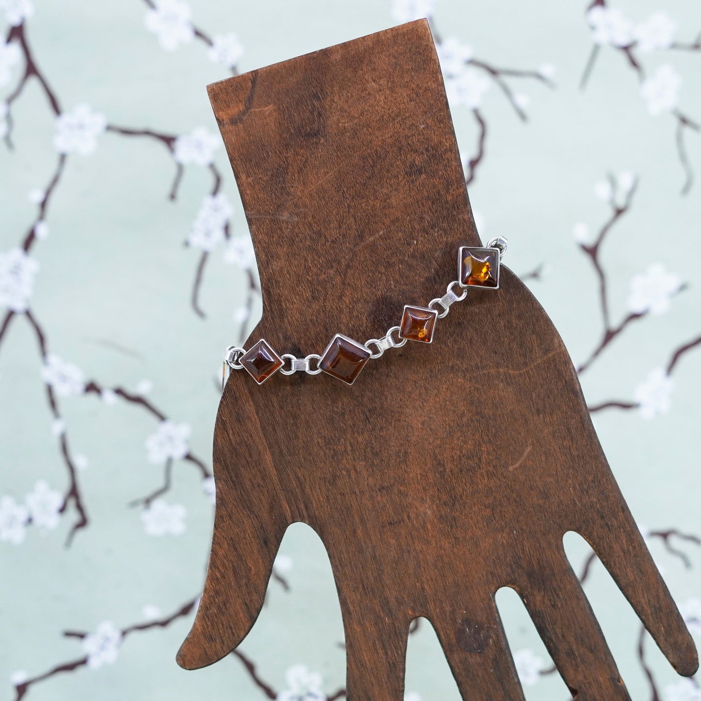 7.5”, Vintage sterling 925 silver handmade tennis bracelet with amber