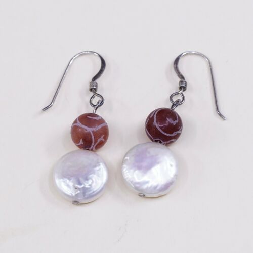 Vintage Southwestern handmade Sterling Silver Pearl Earrings w/ Orange Beads
