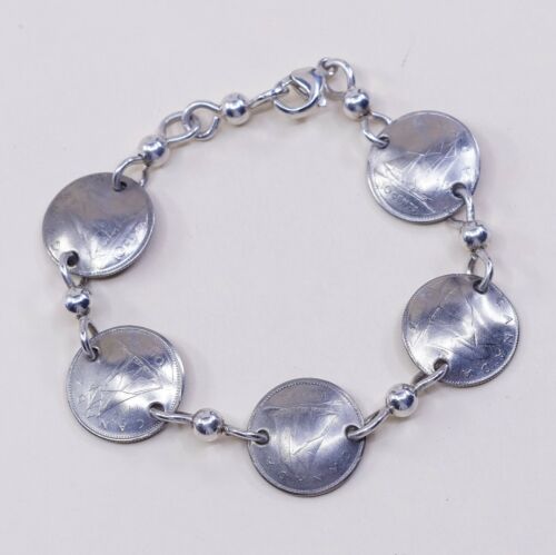 6.75”, Vtg Sterling 925 Silver Handmade Bracelet, Canada 10 Cents Coin Link