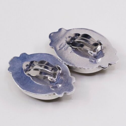 Vtg Oval Sterling Silver Clip on Obsidian Earrings W/ Beads, Stamped 925 Mexico