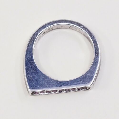Sz 7.25, Designer Vtg Sterling Silver Ring, 925 Modern Stackable Ring W/ pink Cz