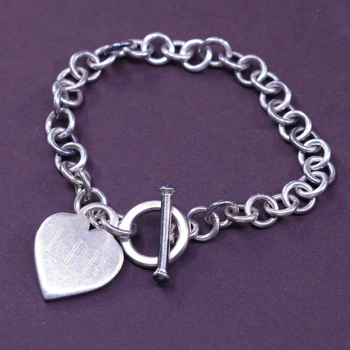 6.25", 7mm, vtg Sterling 925 silver handmade monogram “KPB” bracelet toggle