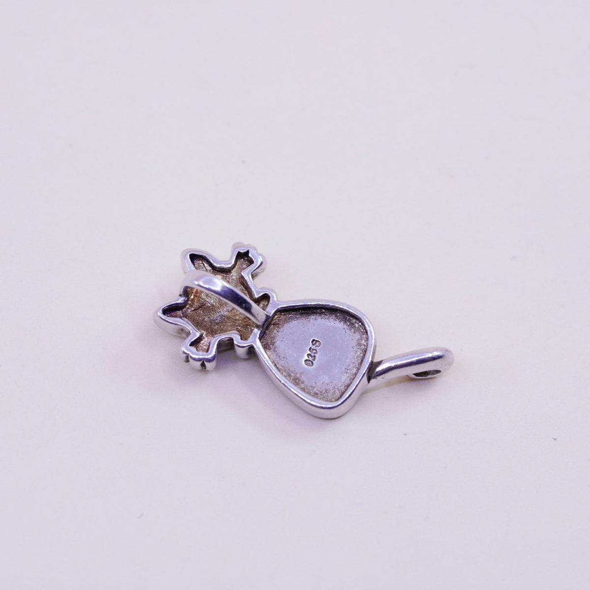 Vintage Sterling silver handmade pendant, 925 kitty cat with black crystal