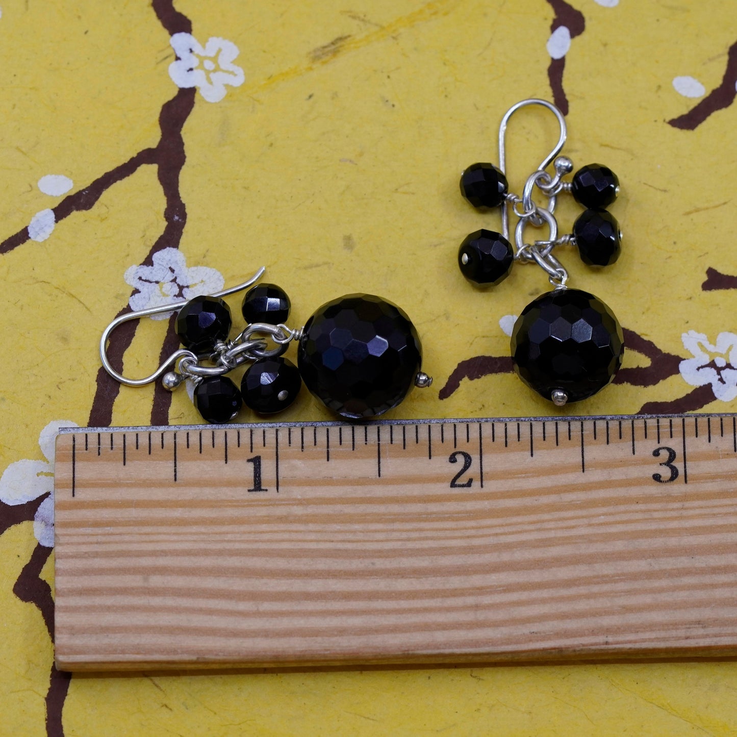 Vintage Sterling 925 silver handmade earrings with cluster obsidian dangles