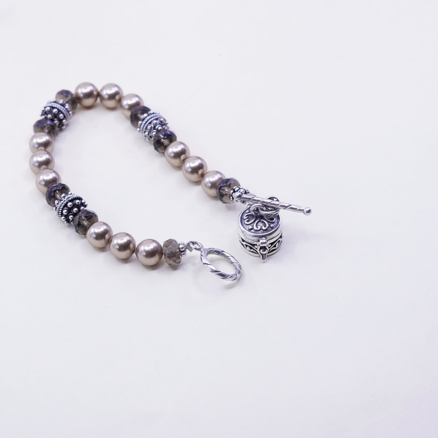 7”, Sterling silver handmade bracelet, 925 beads faux pearl smoky topaz beads