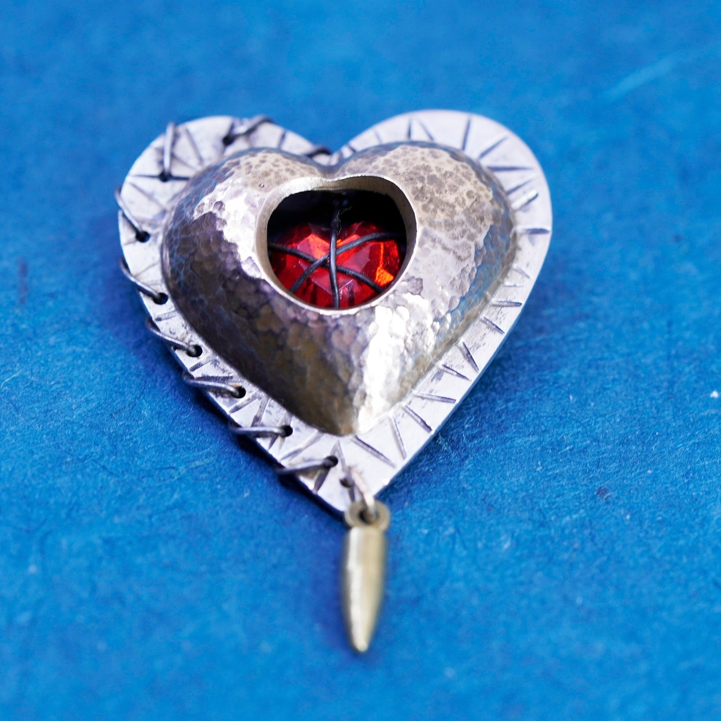 vtg designer sterling silver handmade brooch, 925 modernist heart pin with ruby
