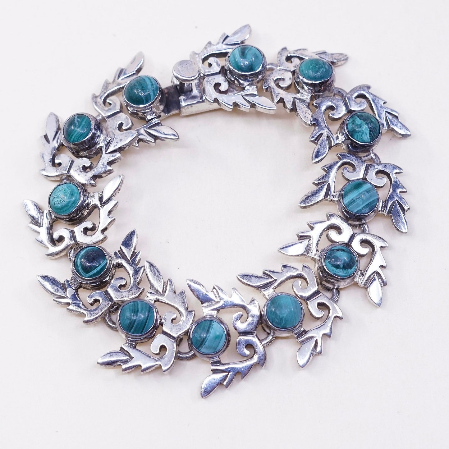 7”, VTG Sterling silver handmade bracelet, Mexico 950 w/ green malachite