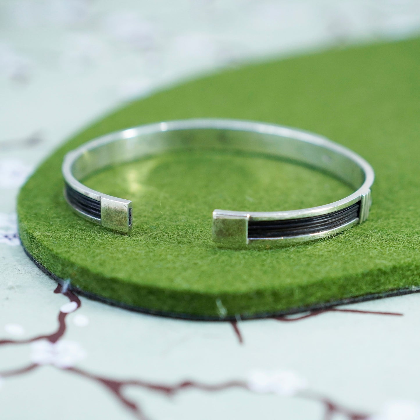 7.25”, vintage Sterling silver bracelet, modern minimalist 925 cuff w/ leather