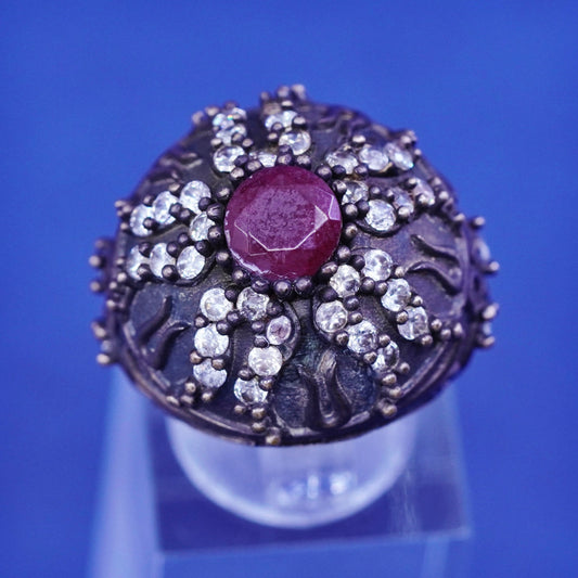 Size 6.25, vintage Sterling 925 silver handmade crown Statement ring ruby Cz