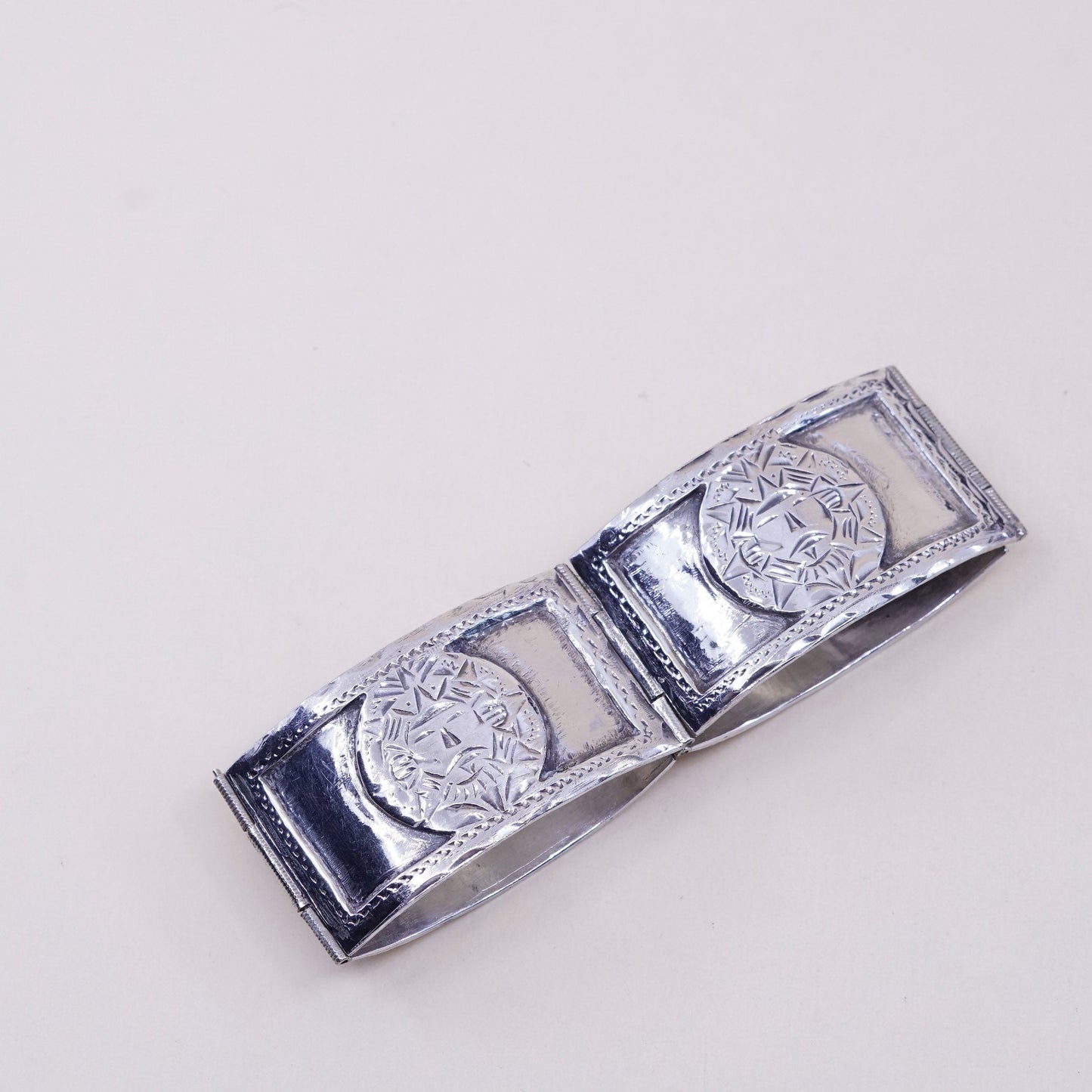 6.5”, Native American sterling silver bracelet, 925 Sundance hinged bangle