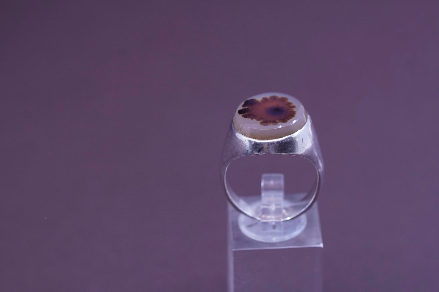 sz 11, vtg Sterling 925 silver handmade ring with wood pattern dendritic agate