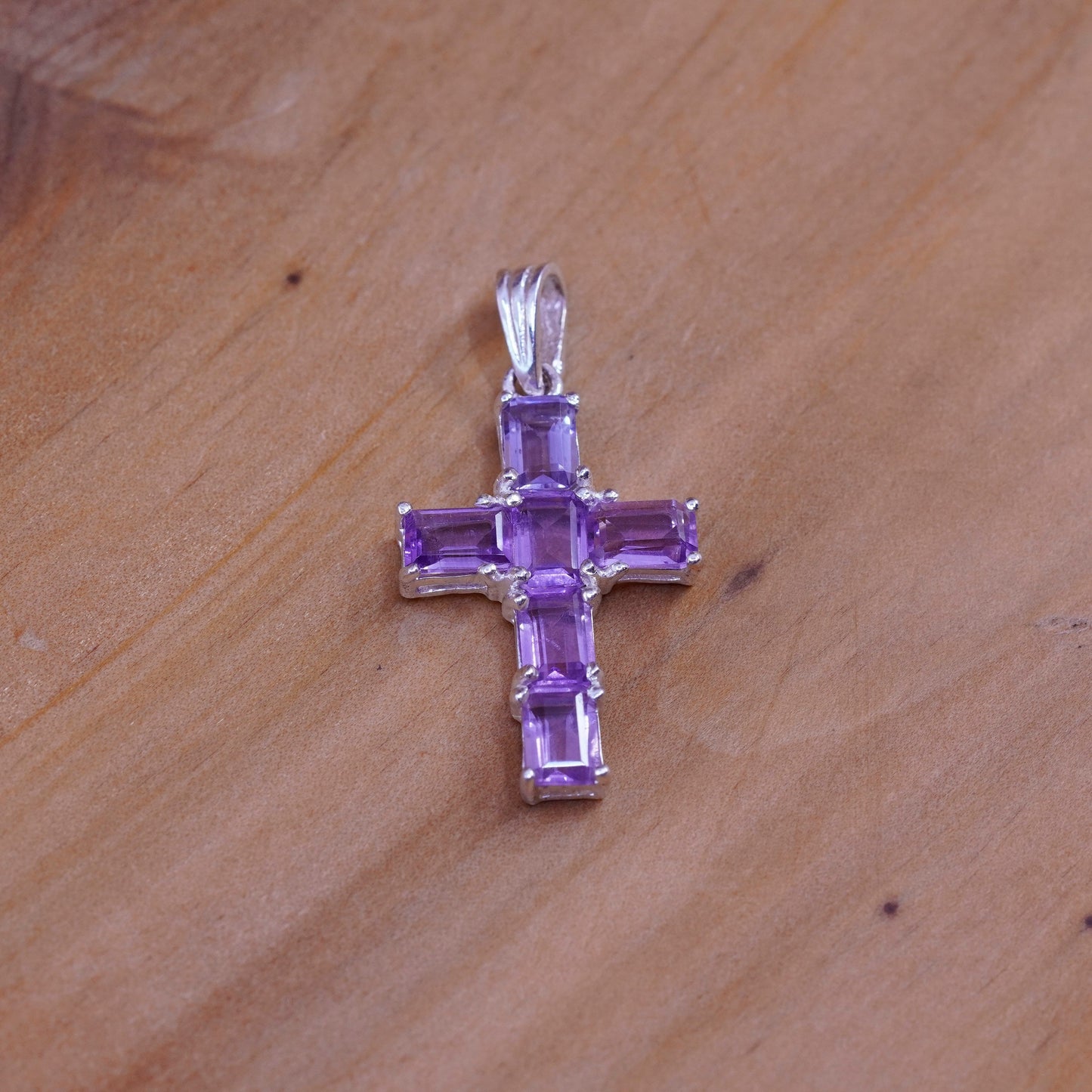 Vintage Sterling silver handmade pendant, 925 cross with Violet Cz, Christian