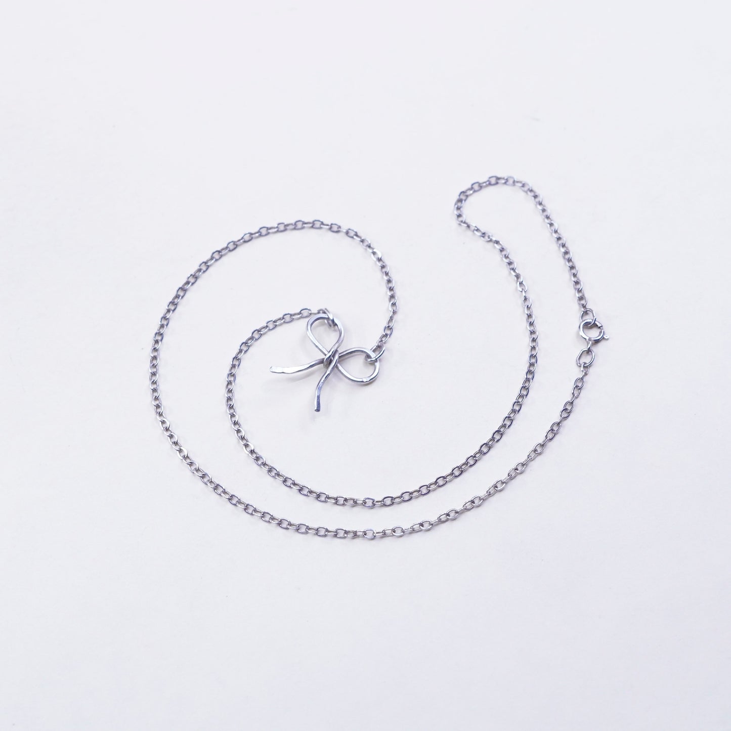 16”, sterling 925 silver handmade necklace, circle chain ribbon bow pendant