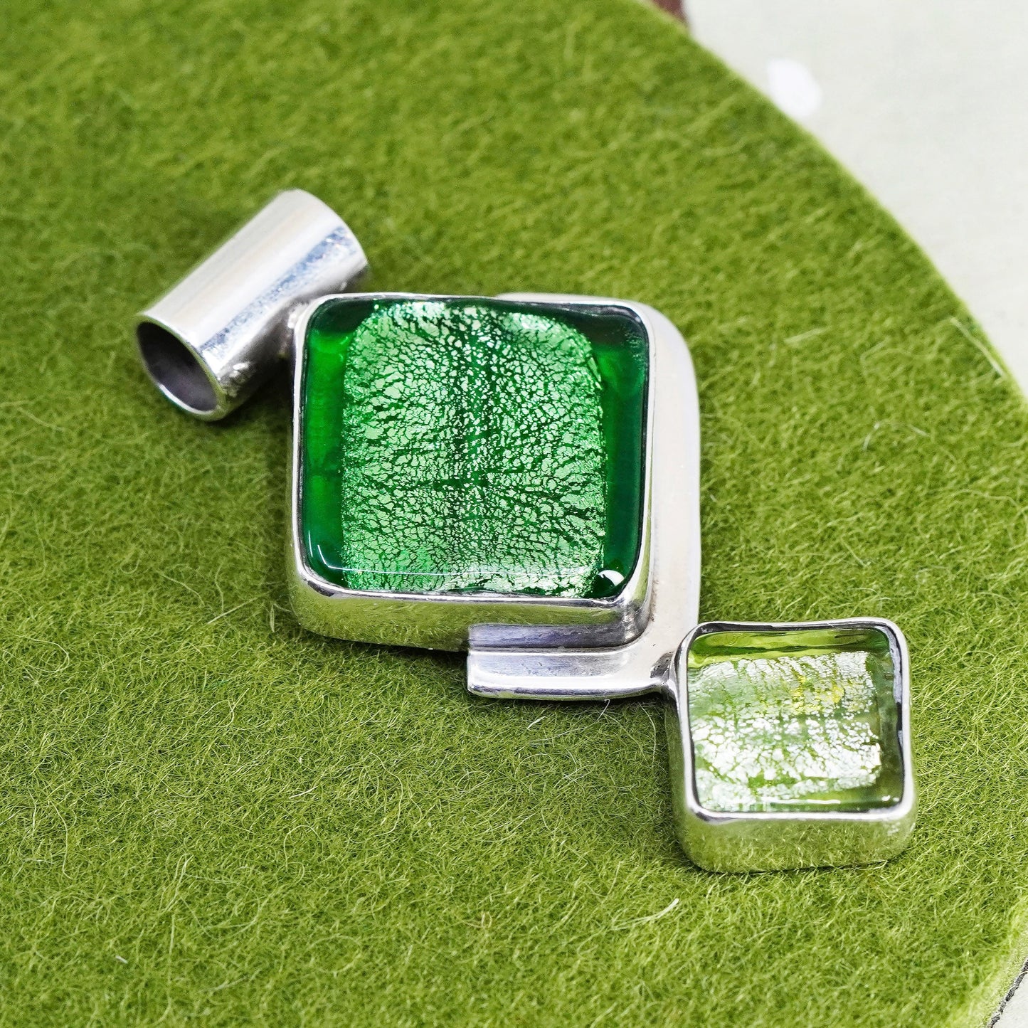 vtg Mexico sterling silver with handmade square dichroic foiled glass pendant