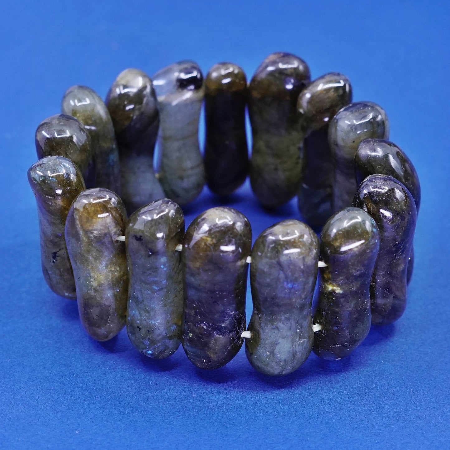 6”, Vintage handmade bracelet, elastic long labradorite beads wide bangle