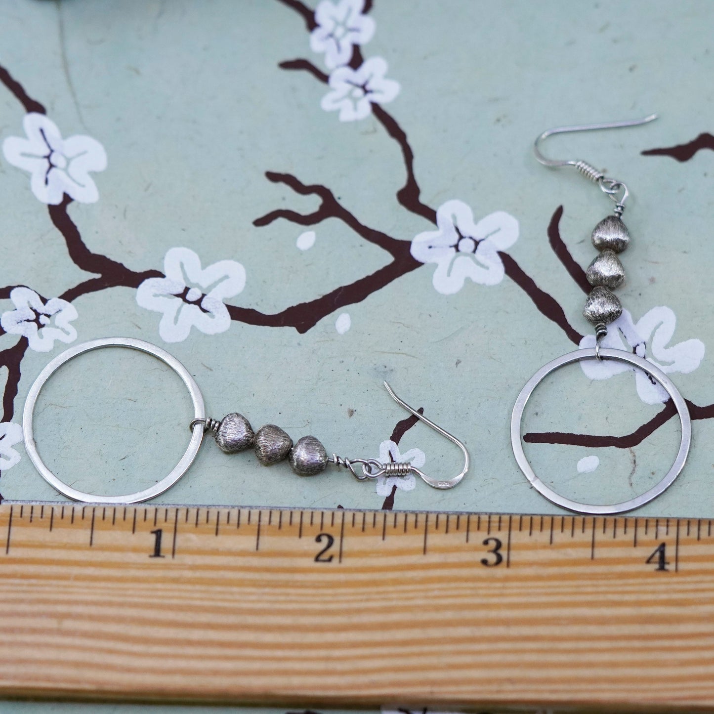 Vintage sterling silver handmade earrings, 925 matte circle dangles with beads