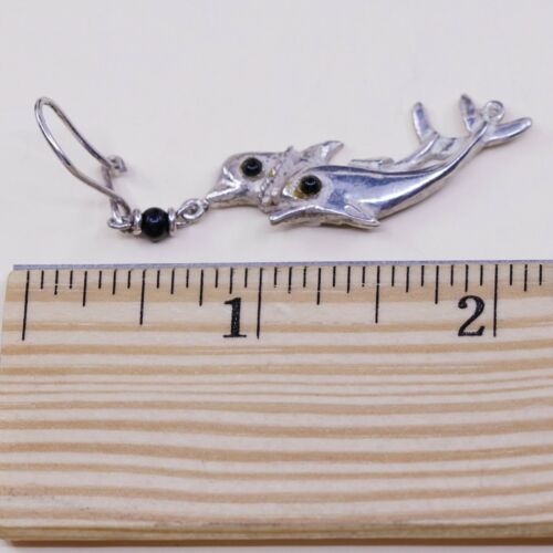 Vintage Sterling 925 Silver Handmade Dolphin Fish dangle earrings W/ Obsidian
