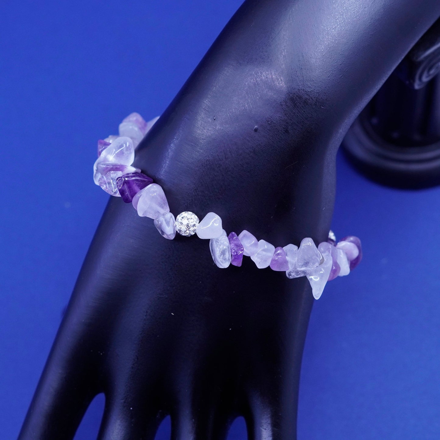 6.75”, Vintage handmade bracelet, elastic band with rose quartz and Cz beads