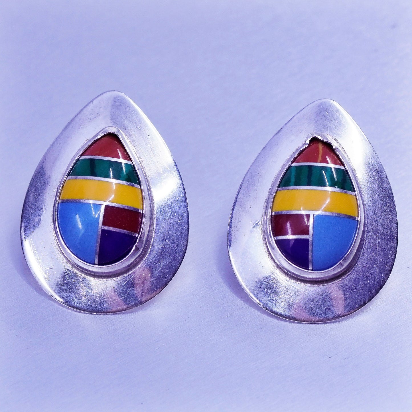 Native American Zuni Sterling 925 silver earrings, teardrop studs w/ turquoise