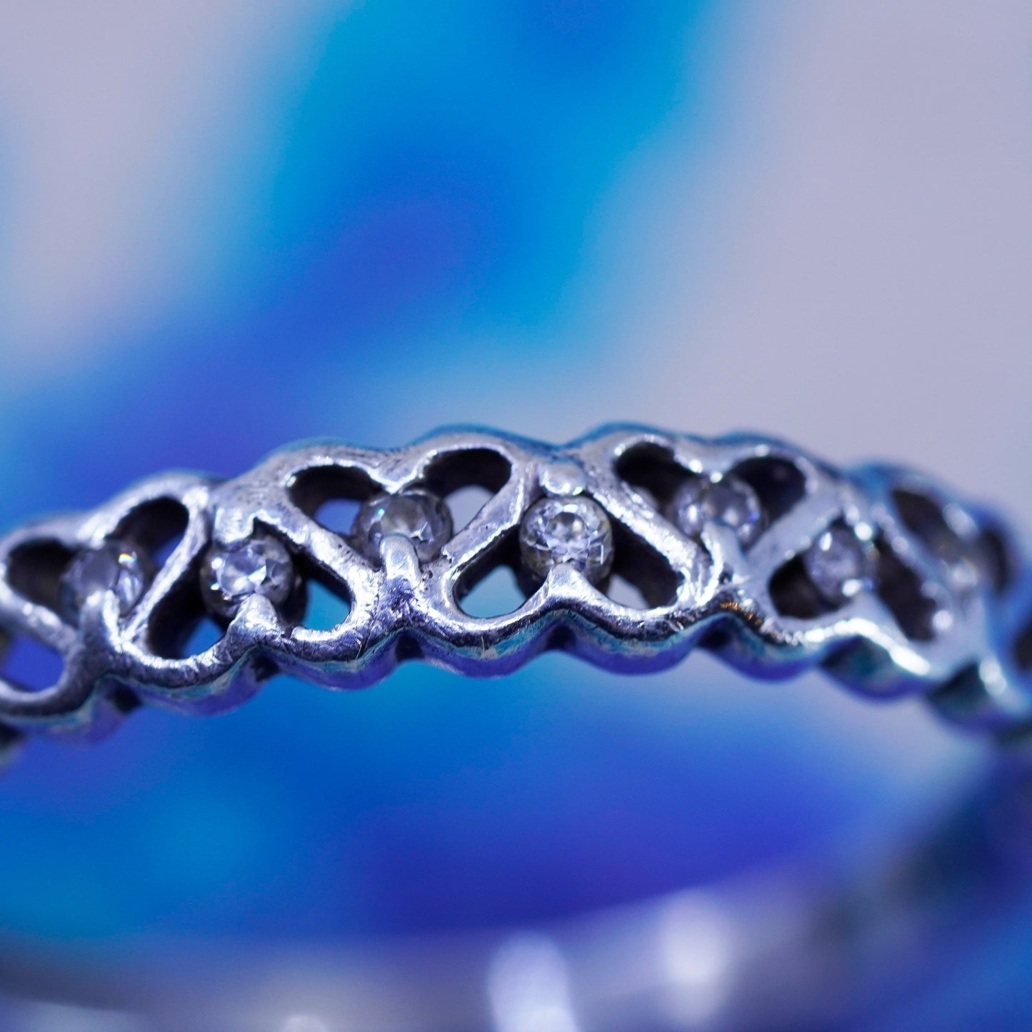 Size 9, vintage sterling silver handmade ring, 925 stackable heart band with cz