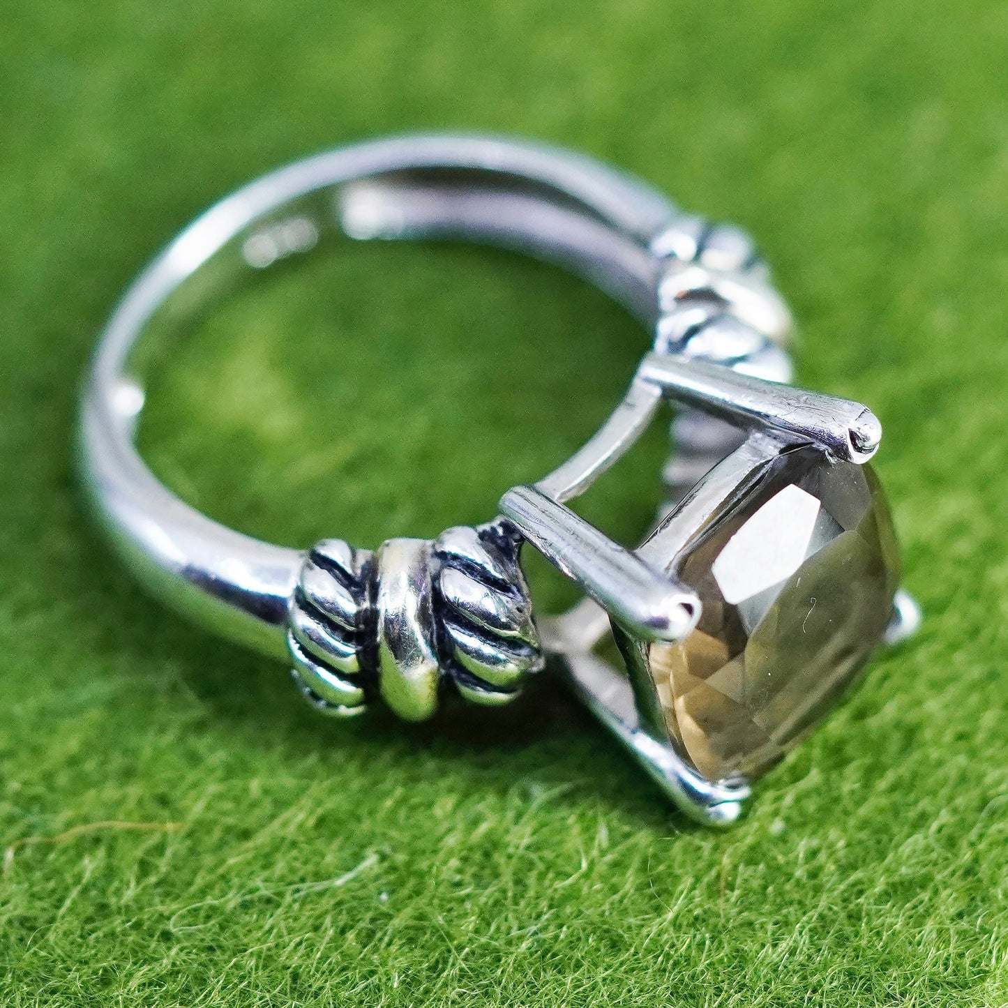 Size 6, Vintage sterling 925 silver handmade ring with square smoky topaz