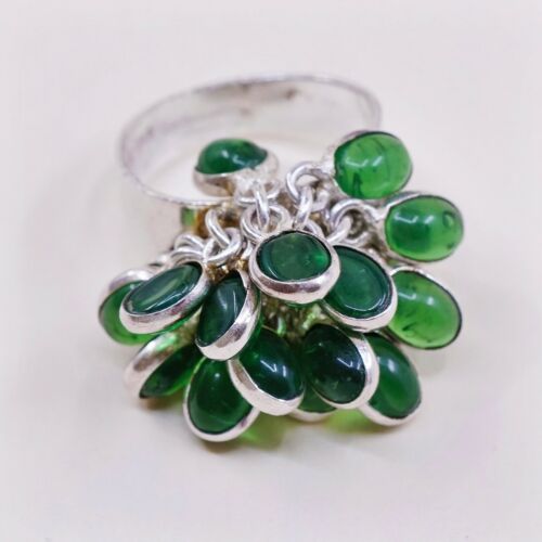 Sz 8.25, Vtg Sterling Silver Handmade Ring, 925 Flower W/ Green Cluster Glass