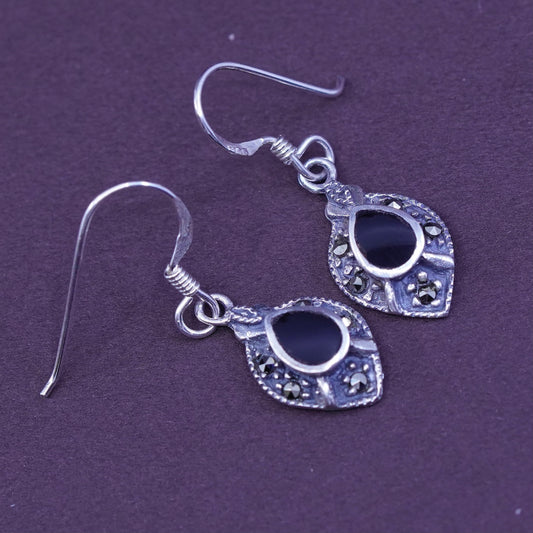 Vintage Sterling silver handmade earrings, Mexico 925 with obsidian marcasite
