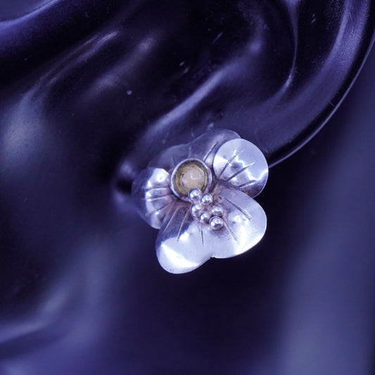 Vintage Sterling 925 silver handmade earrings, flower clip on with glass bead