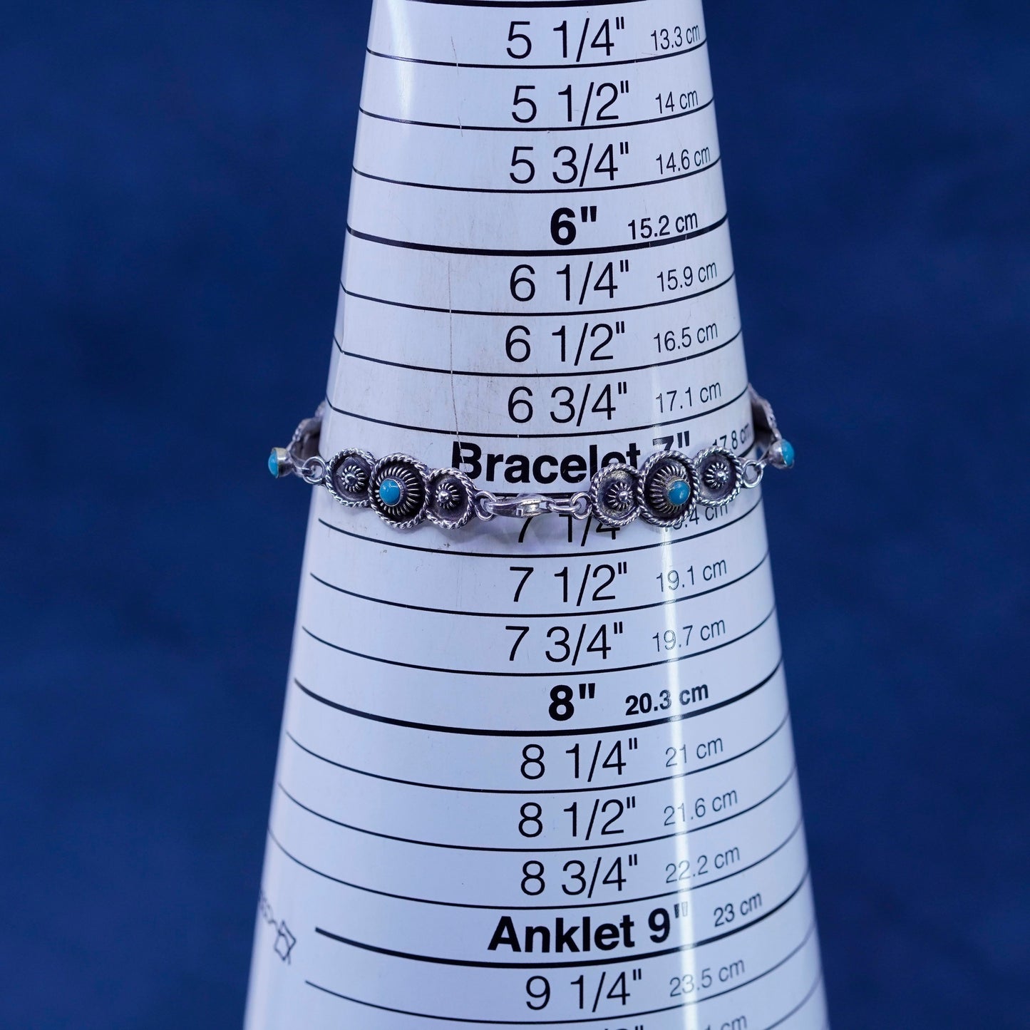 7”, vintage Sterling 925 silver handmade tennis bracelet with turquoise