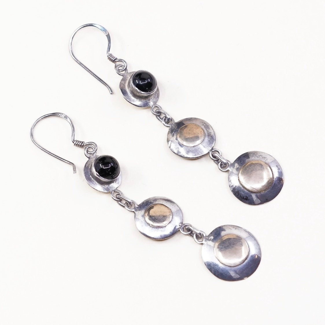 two tone sterling 925 silver handmade disc earrings w/ brass n garnet beads