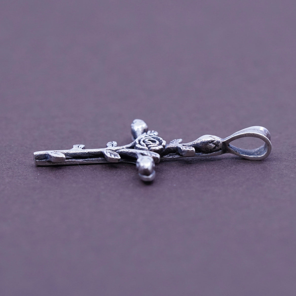 Vintage Sterling silver handmade pendant, 925 cross with flower