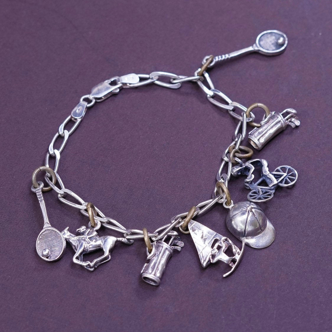 6.5”, Sterling silver handmade bracelet, 925 curb chain w/ tennis racket charm
