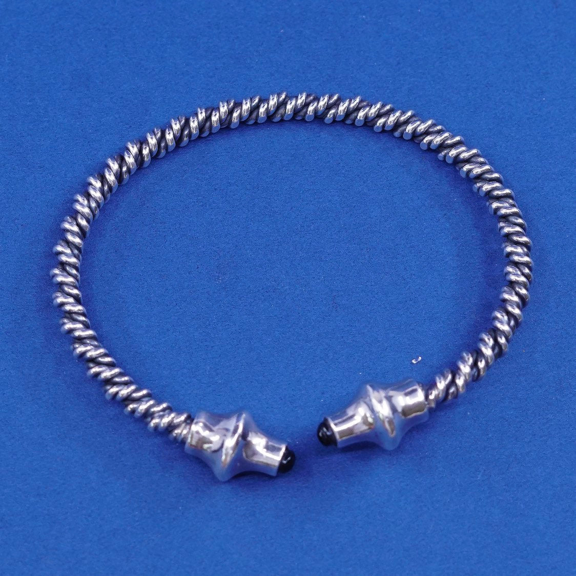 7", sterling silver handmade bracelet, 925 twisted cable cuff w/ obsidian beads