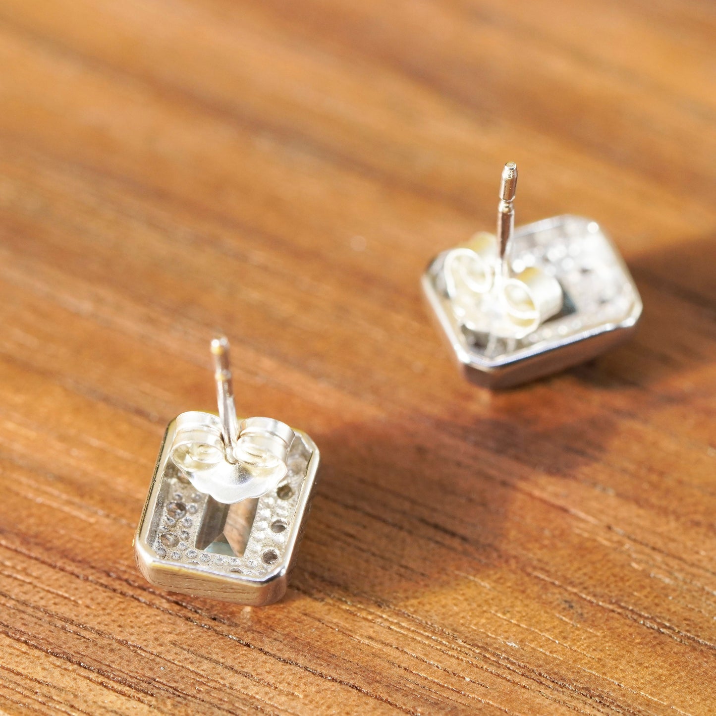 Vintage Sterling silver handmade earrings, 925 studs with blue cz