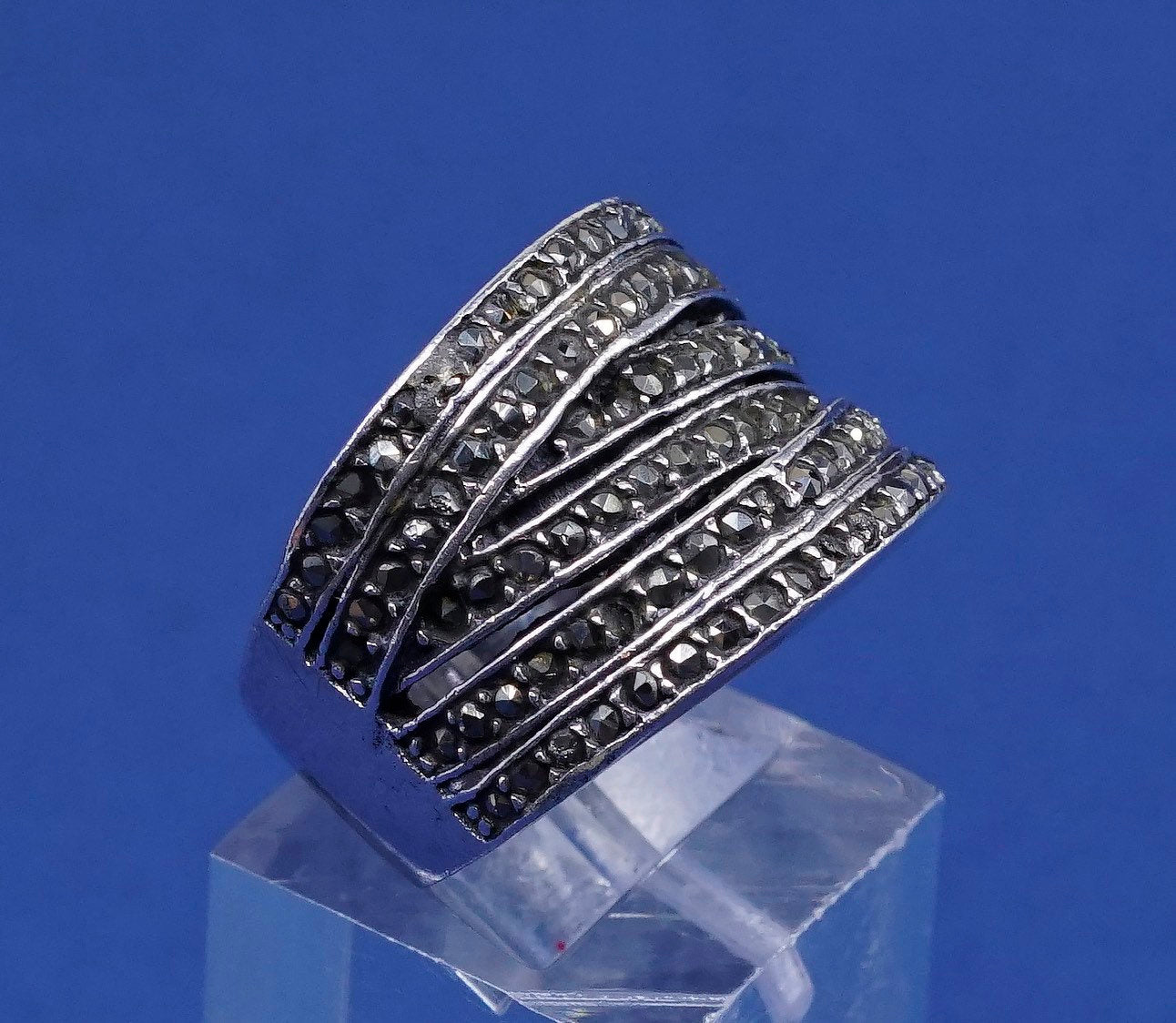 sz 6.75, vtg Sterling silver handmade ring, Mexico 925 band w/ marcasite