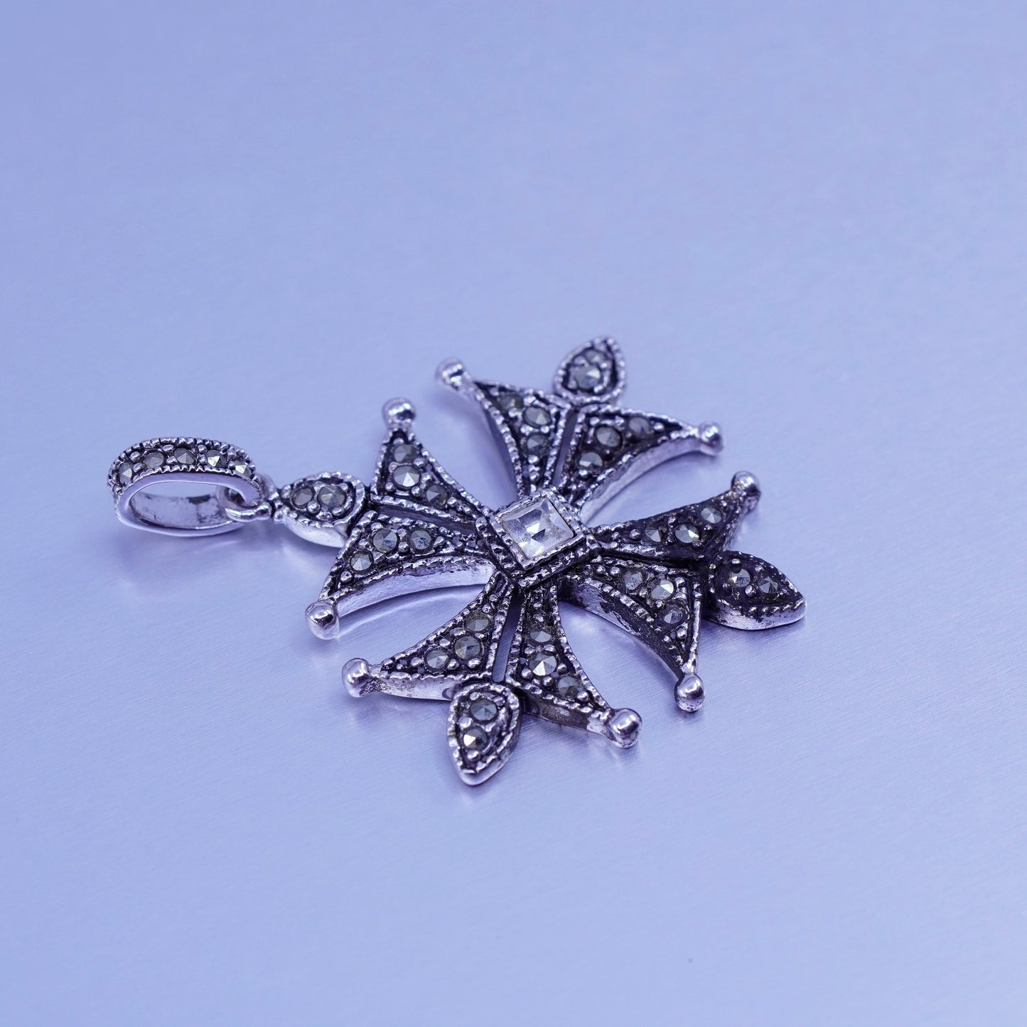 Antique silver tone cross pendant with Marcasite and cz