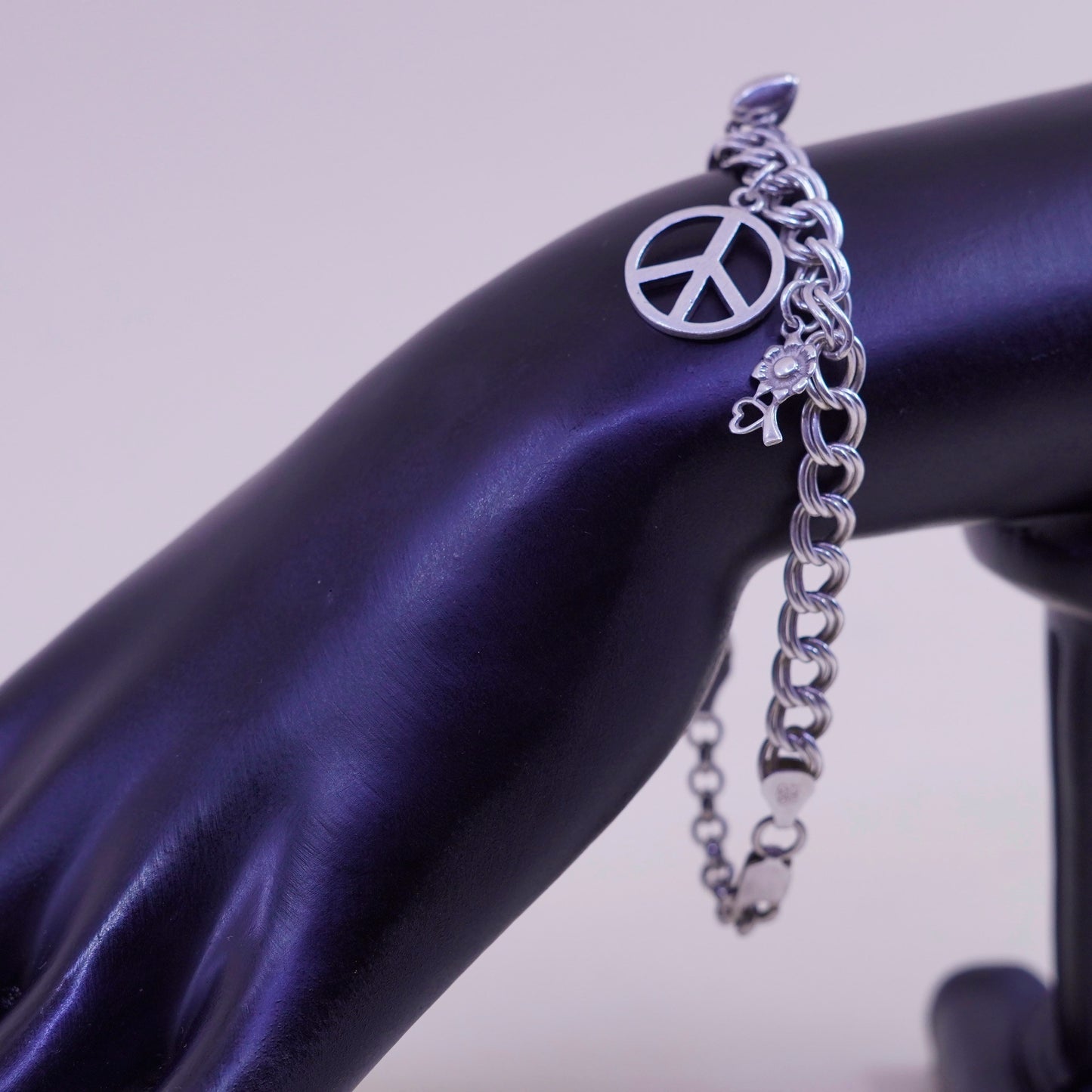 7+1”, sterling 925 silver double curb bracelet CND peace heart flower charms