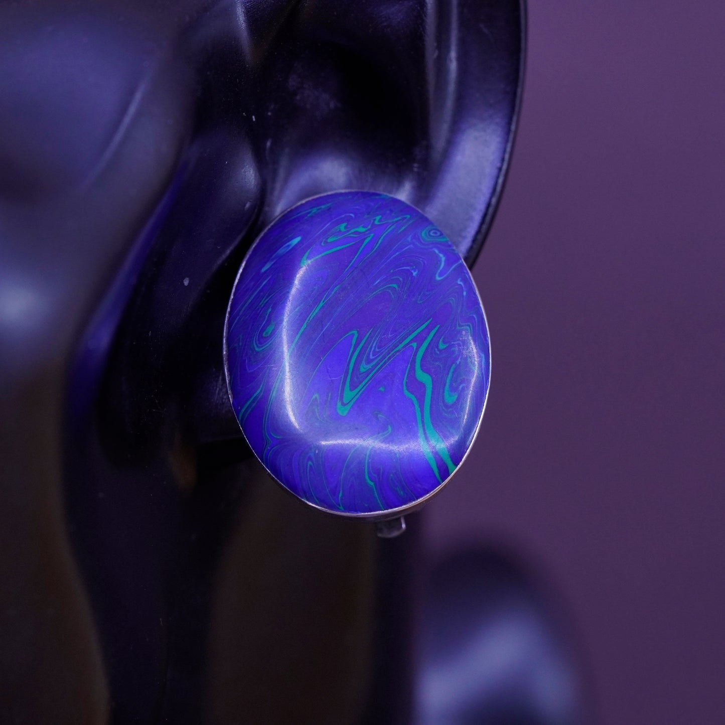 Mexico Sterling silver handmade clip on, 925 modern oval earrings blue resin