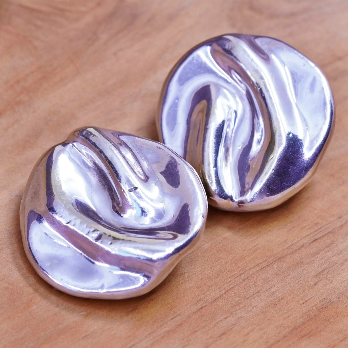 Vintage Sterling silver handmade clip on earrings, modern 925 wrinkly earrings