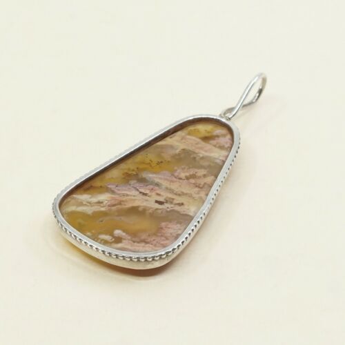 Vtg Huge 925 Sterling Silver Handmade Pendant W/ Lace agate, Silver Tested