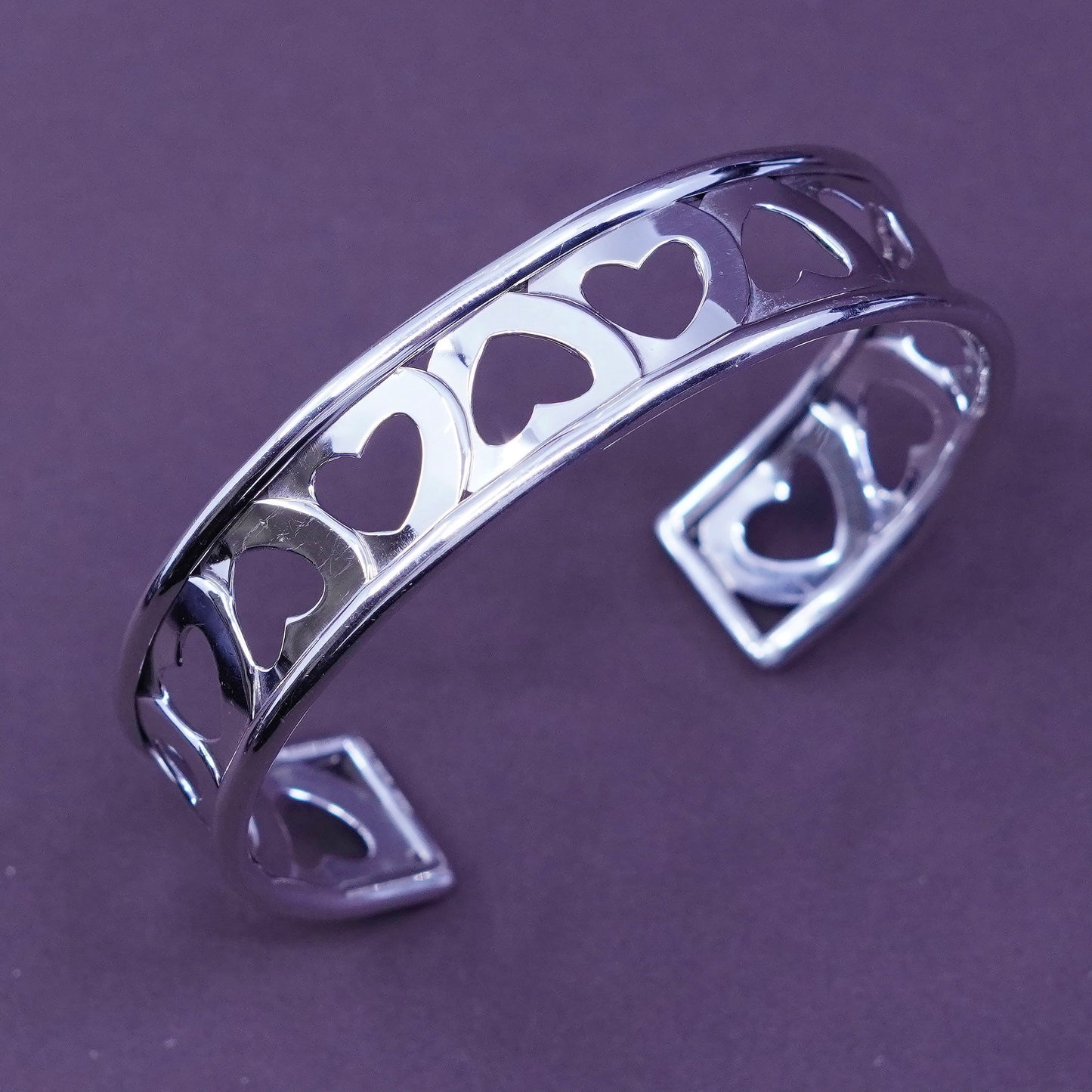 6.5”, vtg Italy milor Sterling silver handmade bracelet, modern heart 925 cuff