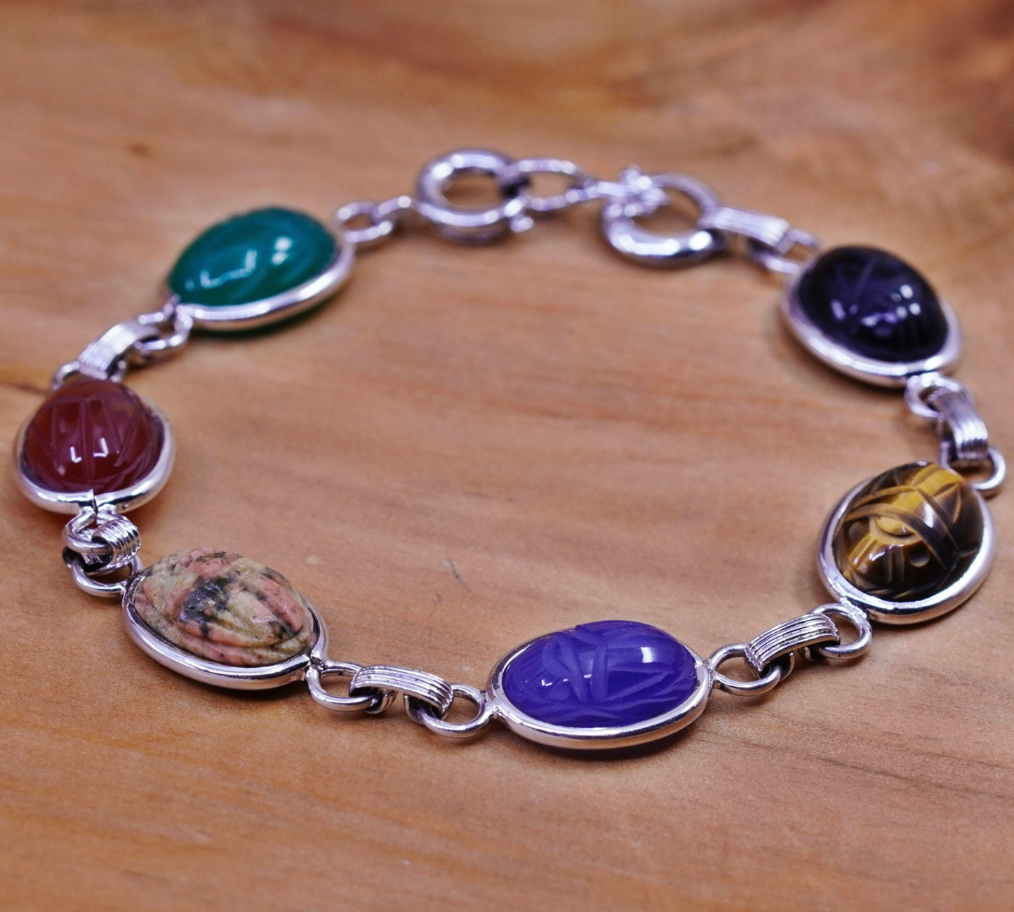 7.25”, sterling 925 silver carved bracelet golden tiger eye jasper carnelian