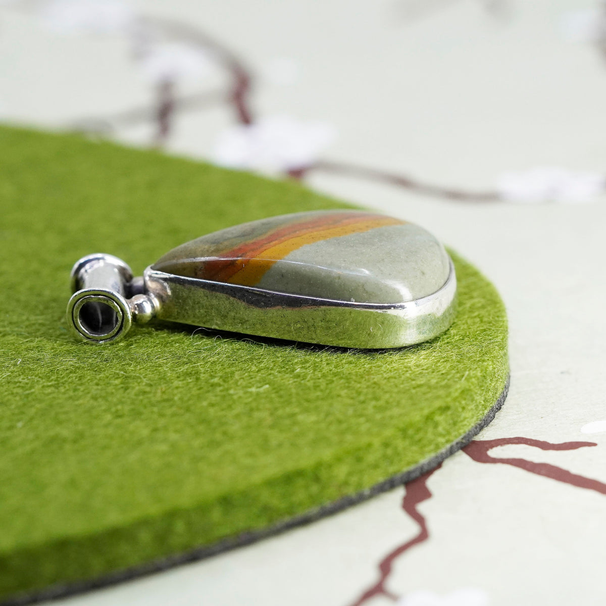 Vintage sterling 925 silver handmade pendant with landscape jasper