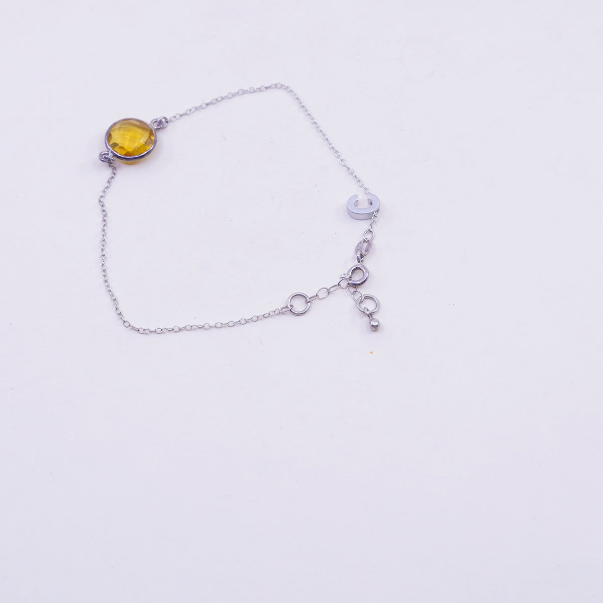 7.25”, 1mm, Vintage sterling 925 silver circle chain bracelet with citrine