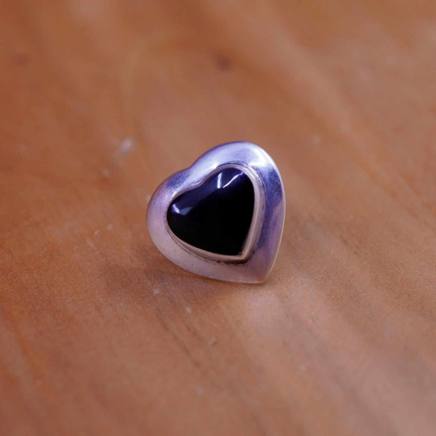 Vintage mexico Sterling silver handmade earrings, 925 heart studs with obsidian