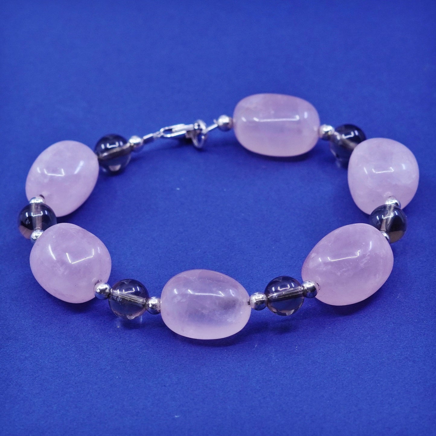 7.25”, sterling 925 silver handmade bracelet, nugget rose quartz with amethyst